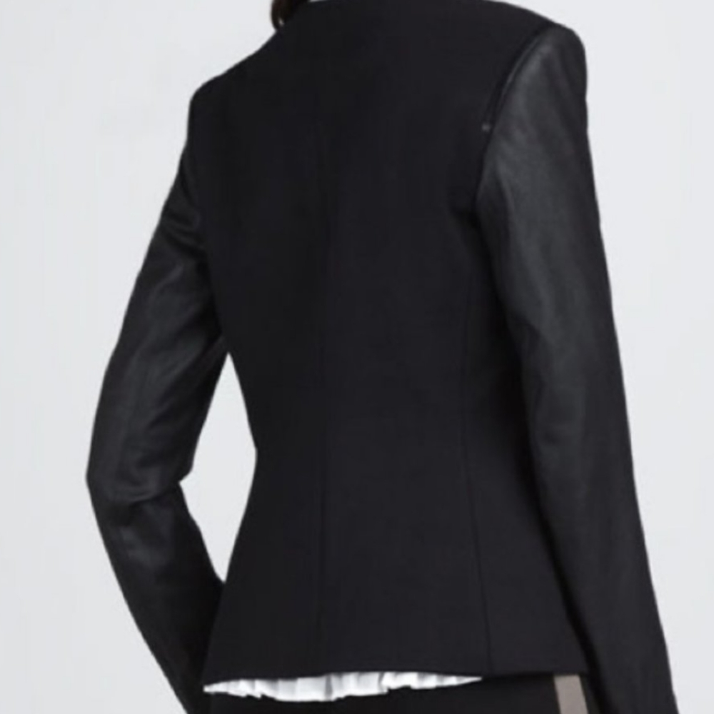 NWOT Black THEORY Leather Blazer Zipper Detail Jacket Open Front Pockets S Small - Picture 2 of 12